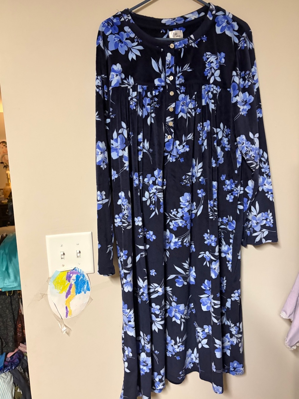 Aria Blue Floral Long-Sleeve Fleexe Button-Front nightgown / robe /- Dress